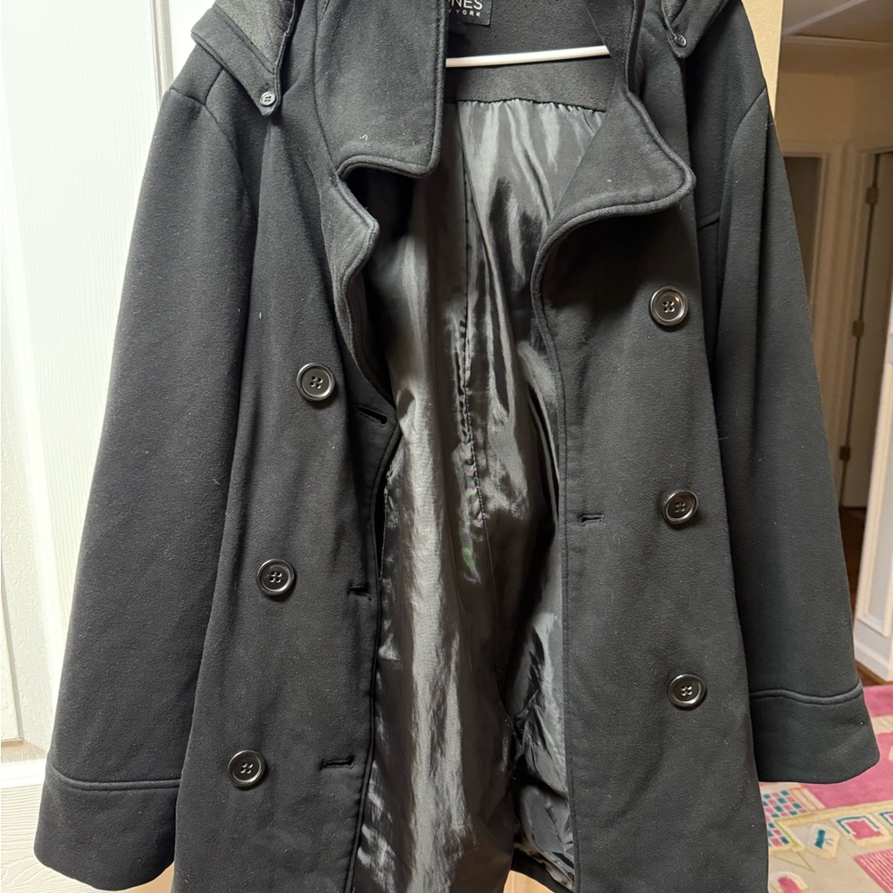 Jones New York Black Pea Coat with Hood & Belt | Women’s Plus 1X Winter Jackets
